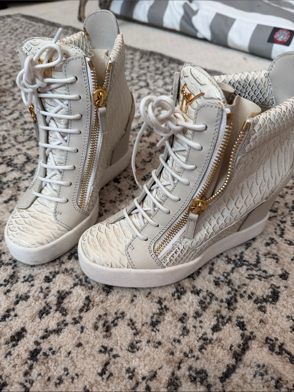 Giuseppe Zanotti Cream Wedge High-Top Sneakers with Gold Hardware
